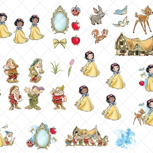 Snow White Clipart, Princess PNG, Seven Dwarves, Fairytale, Deer, Cottage, Birds, Hand Drawn, Cute Glitter Kids Art, Fabric ,POD image 2