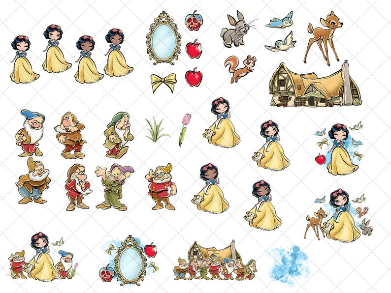 Pode incluir: Um conjunto de ilustra&ccedil;&otilde;es coloridas com Branca de Neve e os Sete An&otilde;es, uma cabana, um veado, um esquilo, p&aacute;ssaros e um espelho. As ilustra&ccedil;&otilde;es s&atilde;o em estilo de desenho animado e s&atilde;o perfeitas para projetos de artesanato.