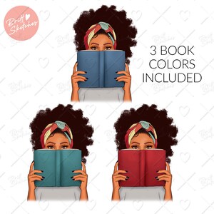 May include: Three digital illustrations of a woman with curly brown hair wearing a colorful headband and holding a book in front of her face. The books are blue, teal, and red.