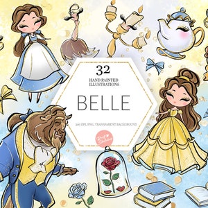 Bella y la Bestia Clipart, Bella PNG, Bestia PNG, Castillo, Princesa clip art, Dibujado a mano, Lindo, Niños, Decoración, Tela de acuarela POD