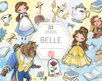Beauty and the Beast Clipart, Belle PNG, Beast PNG, Castle, Princess clip art, Hand drawn, Cute, Kids, Decoration, Watercolor Fabric POD
