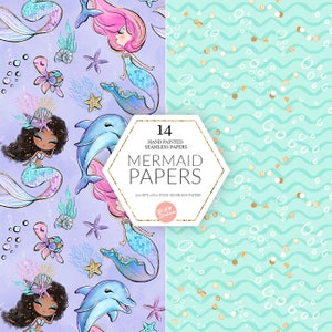 Mermaids Digital Paper, Pastel Version, High Res JPG Seamless Pattern, Glitter Dolphin, Mermaids, Sea Turtle Castle Fabric POD Supplies image 5