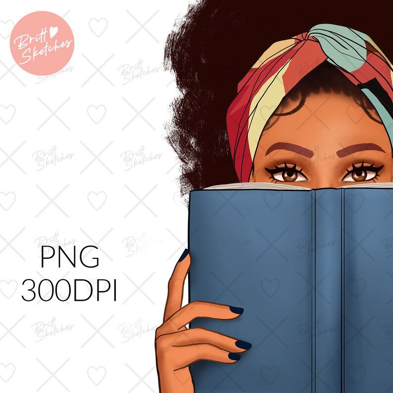 May include: A woman with dark brown hair and a colorful headscarf is reading a blue book. Her eyes are visible above the book.