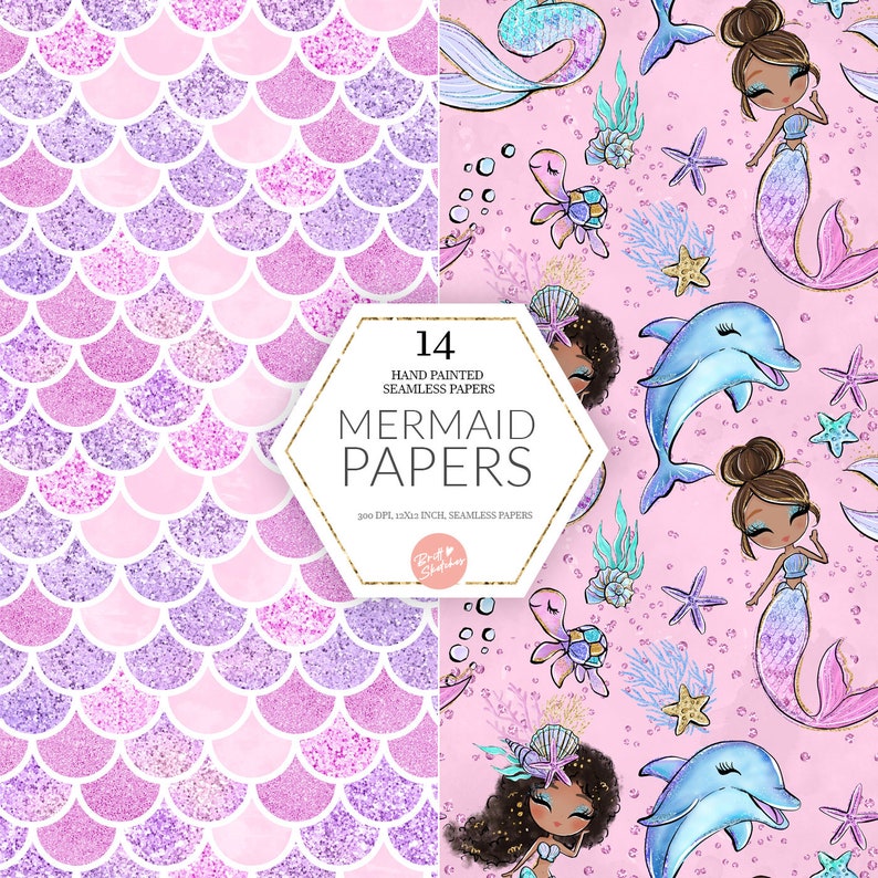 Mermaids Digital Paper, Pastel Version, High Res JPG Seamless Pattern, Glitter Dolphin, Mermaids, Sea Turtle Castle Fabric POD Supplies image 6