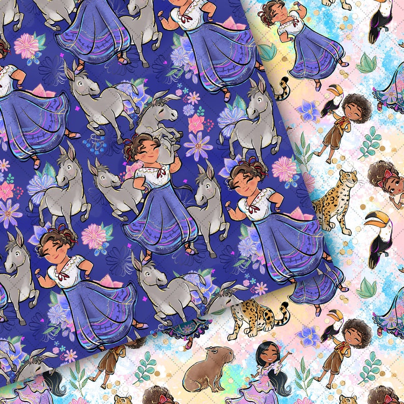 May include: A seamless pattern featuring a colourful illustration of girls wearing blue dresses and dancing with donkeys. The background is a dark blue with pink and purple flowers.