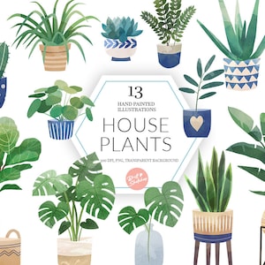 Acuarela Plantas de interior Clipart - Descarga instantánea de jardinería - Caprichosas plantas en macetas Fiddle Leaf Snake Plant Sticker Planner POD Supply