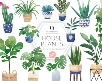 Watercolor House Plants Clipart - Gardening Instant Download - Whimsical Potted Plants Fiddle Leaf Snake Plant Sticker Planner POD Supply