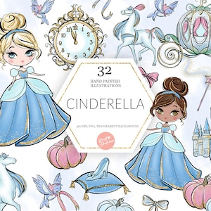 Clipart Assepoester, sprookjesprinses, glazen muiltje, kasteel, pompoenkoets png, klok, kinderen pastel plannerstof png POD