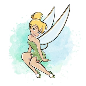 May include: A cartoon illustration of Tinkerbell, a fairy with blonde hair, green wings, and a green dress, sitting on a light blue watercolor background.