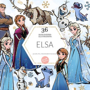 Imágenes prediseñadas de Elsa, princesa PNG, Frozen, Anna, Sven, Olaf, Kristoff, Bruni, dibujadas a mano, lindo arte infantil con purpurina, suministro de POD