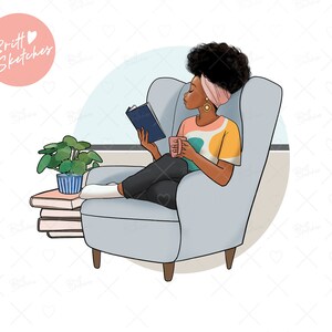 May include: Illustration of a person relaxing in a light blue armchair, reading a book and holding a pink mug. The person is wearing a colorful shirt, black pants, and a pink headscarf. A small potted plant and stacked books are nearby. The image includes the text "Britt Sketches".