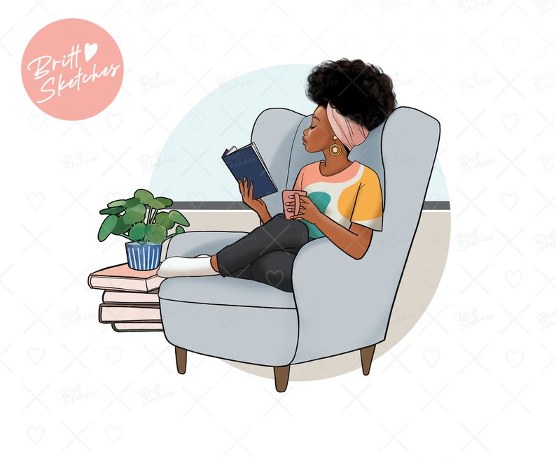May include: Illustration of a person relaxing in a light blue armchair, reading a book and holding a pink mug. The person is wearing a colorful shirt, black pants, and a pink headscarf. A small potted plant and stacked books are nearby. The image includes the text "Britt Sketches".