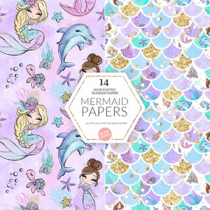 Mermaids Digital Paper, Pastel Version, High Res JPG Seamless Pattern, Glitter Dolphin, Mermaids, Sea Turtle Castle Fabric POD Supplies image 2