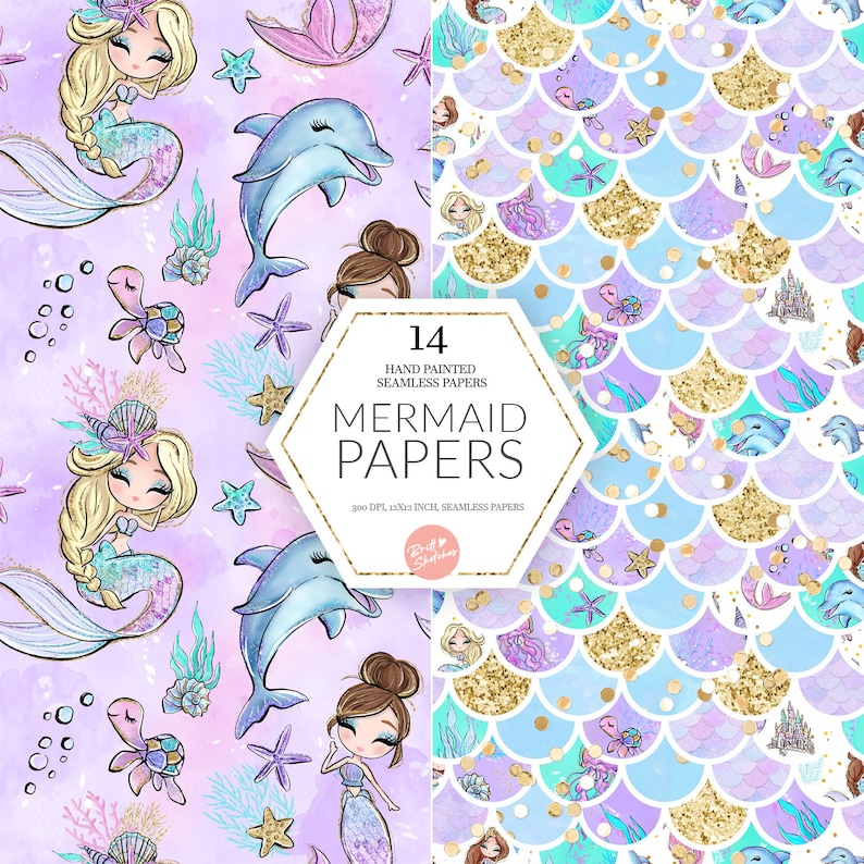 Mermaids Digital Paper, Pastel Version, High Res JPG Seamless Pattern, Glitter Dolphin, Mermaids, Sea Turtle Castle Fabric POD Supplies image 2