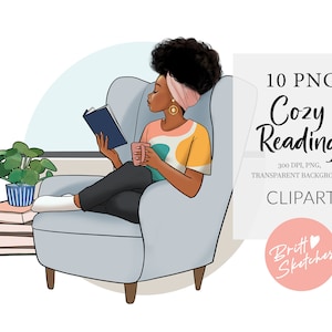 Girl Reading Clipart, Black Woman Reading Book Clip Art, Cozy Reading Chair, Afro Girl PNG, Selfcare Stay at Home, Planner Stickers POD