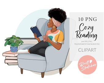 Girl Reading Clipart, Black Woman Reading Book Clip Art, Cozy Reading Chair, Afro Girl PNG, Selfcare Stay at Home, Planner Stickers POD