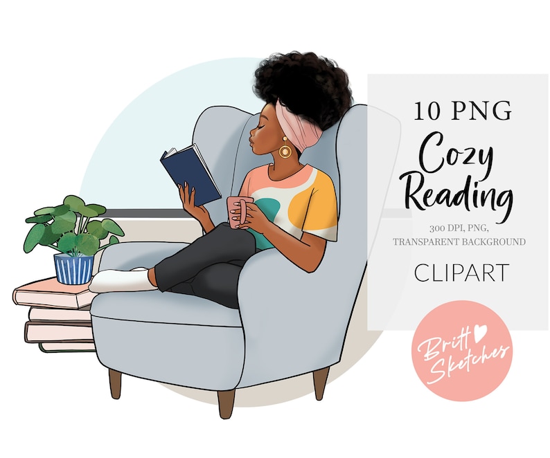 May include: Illustration of a person relaxing in a light blue armchair, reading a book and holding a pink mug. A small potted plant and a stack of books are nearby. The image includes the text "10 PNG Cozy Reading CLIPART."