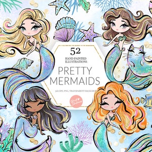 Mermaid Clipart, Merkitty, Ocean, Glitter, Mermaid PNG, Seahorse, Starfish, Coral, Cute Kids Planner Stickers Fabric PNG POD Supplies