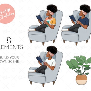 May include: Digital illustration featuring three women reading in armchairs, each holding a book and a mug. The image includes a potted plant and text that reads "8 ELEMENTS" and "BUILD YOUR OWN SCENE". The color palette includes light blue, pink, and brown.