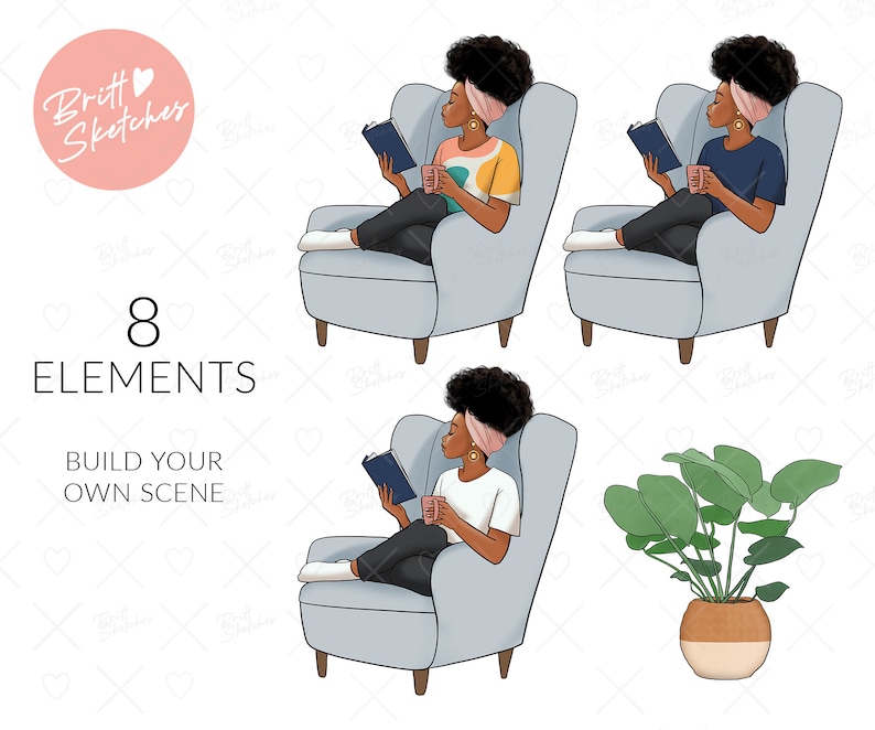 May include: Digital illustration featuring three women reading in armchairs, each holding a book and a mug. The image includes a potted plant and text that reads "8 ELEMENTS" and "BUILD YOUR OWN SCENE". The color palette includes light blue, pink, and brown.