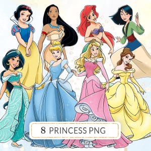 Princesses Clipart, 8 Classic Princess PNG, Snow White, Aurora, Cinderella, Belle, Jasmine, Mulan, Pocahontas, Hand Drawn, POD Supply