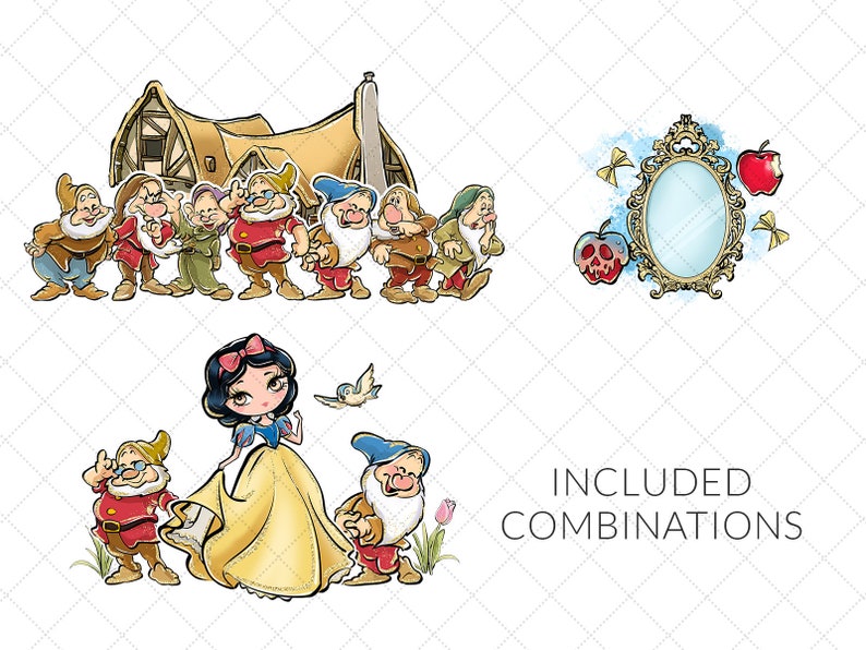 Pode incluir: Uma ilustra&ccedil;&atilde;o digital da Branca de Neve e os Sete An&otilde;es. Branca de Neve est&aacute; usando um vestido amarelo com um la&ccedil;o vermelho no cabelo. Os an&otilde;es est&atilde;o usando roupas coloridas e t&ecirc;m express&otilde;es faciais diferentes. A imagem tamb&eacute;m inclui um espelho com uma ma&ccedil;&atilde; vermelha e uma cabana no fundo.
