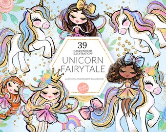 Unicorn Fairytale Clipart, Cute Princess Glitter Fairy Girl, Rainbow Unicorns, Pastel Watercolor Planner Stickers Fabric PNG POD Supplies