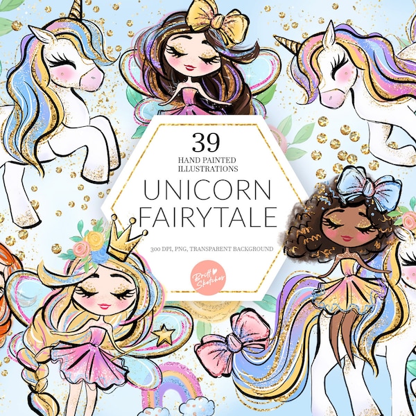 Unicorn Fairytale Clipart, Cute Princess Glitter Fairy Girl, Rainbow Unicorns, Pastel Watercolor Planner Stickers Fabric PNG POD Supplies