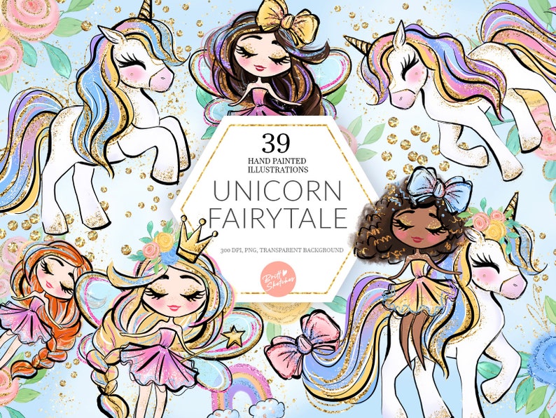 Unicorn Fairytale Clipart, Cute Princess Glitter Fairy Girl, Rainbow Unicorns, Pastel Watercolor Planner Stickers Fabric PNG POD Supplies 