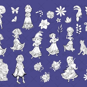 Encanto Black & White Clipart, Doodle, Linart, Mirabel PNG, Luisa, Isabela, Casita, Madrigal Family, High Res, Hand Drawn, Kids, Sublimation imagen 3