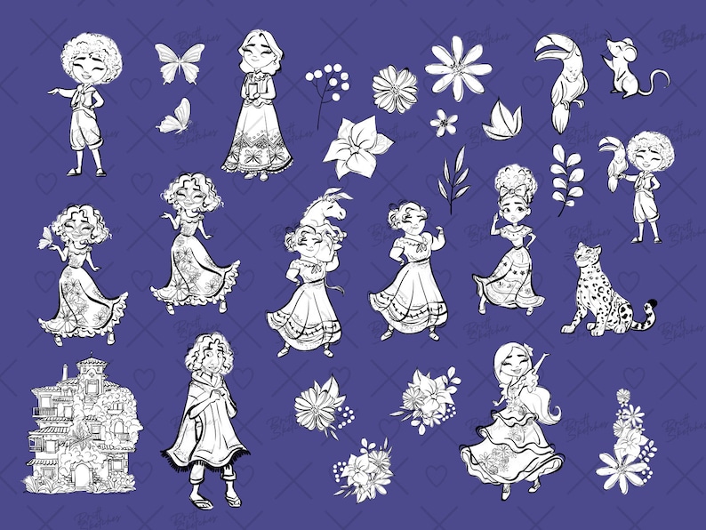 Encanto Black & White Clipart, Doodle, Linart, Mirabel PNG, Luisa, Isabela, Casita, Madrigal Family, High Res, Hand Drawn, Kids, Sublimation imagen 3