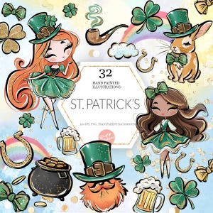 Dia de São Patrício Clipart, Cute Irish Girl PNG, Trevo, Pote de Ouro, Chapéu, Coelho, Arte Infantil Glitter Desenhada à Mão, Download Instantâneo