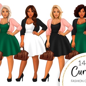 Curvy Fashion Girl Clipart, Black Girl Clipart, Dress Girl, Girl Boss Clipart, African American, Black Women, Cute Planner Stickers PNG