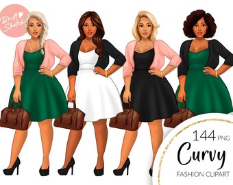 Curvy Fashion Girl Clipart, Black Girl Clipart, Dress Girl, Girl Boss Clipart, African American, Black Women, Cute Planner Stickers PNG