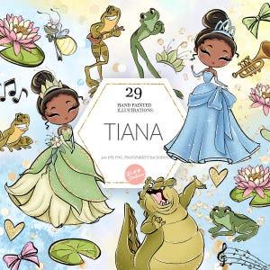 Tiana clipart, prinses en de kikker PNG, Lou, Ray, handgetekende, schattige glitter kinderkunst, decoratie, aquarel, POD, Instant Download