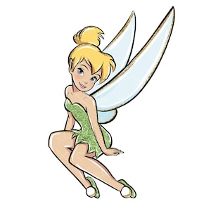 May include: A cartoon illustration of Tinkerbell, a fairy with blonde hair, green wings, and a green dress. She is sitting with her legs crossed and her wings spread out behind her.