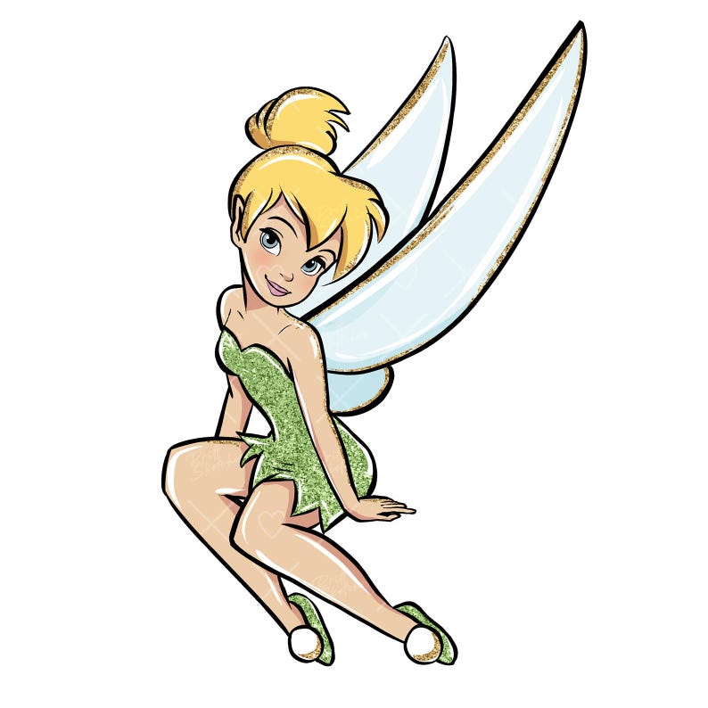May include: A cartoon illustration of Tinkerbell, a fairy with blonde hair, green wings, and a green dress. She is sitting with her legs crossed and her wings spread out behind her.