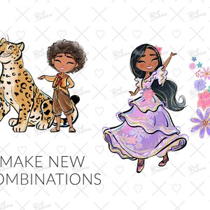May include: A digital illustration of a girl in a purple dress with a sparkly bodice and a boy with a brown jaguar. The girl is holding her arm up and smiling. The boy is pointing to the jaguar. The background is white with a pattern of hearts and crosses.