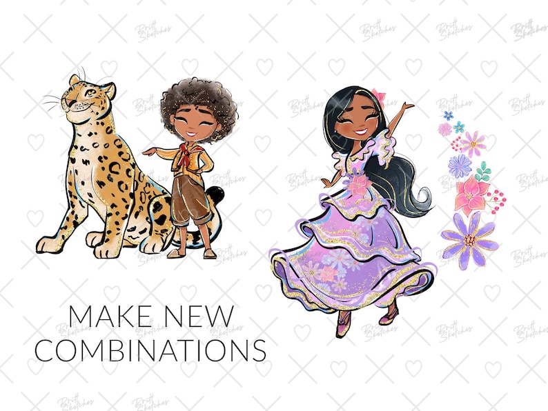 May include: A digital illustration of a girl in a purple dress with a sparkly bodice and a boy with a brown jaguar. The girl is holding her arm up and smiling. The boy is pointing to the jaguar. The background is white with a pattern of hearts and crosses.