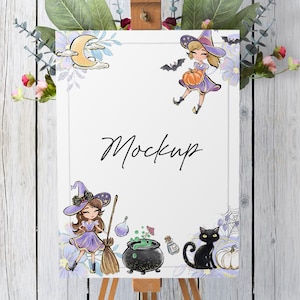 May include: A white printable mockup with a witch and a cat illustration. The text "Mockup" is written in black on the white background. The illustration features a witch with a purple dress and a black hat, holding a broom and a potion bottle. A black cat is sitting next to a cauldron and a pumpkin. The background is decorated with purple flowers and a crescent moon.
