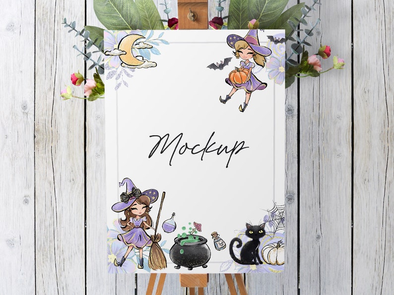 May include: A white printable mockup with a witch and a cat illustration. The text "Mockup" is written in black on the white background. The illustration features a witch with a purple dress and a black hat, holding a broom and a potion bottle. A black cat is sitting next to a cauldron and a pumpkin. The background is decorated with purple flowers and a crescent moon.