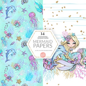 Mermaids Digital Paper, Pastel Version, High Res JPG Seamless Pattern, Glitter Dolphin, Mermaids, Sea Turtle Castle Fabric POD Supplies image 3