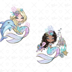 May include: Two mermaid illustrations. One mermaid is blonde with a dolphin and the other is brown with a turtle. Both mermaids have sparkly tails and are wearing crowns.