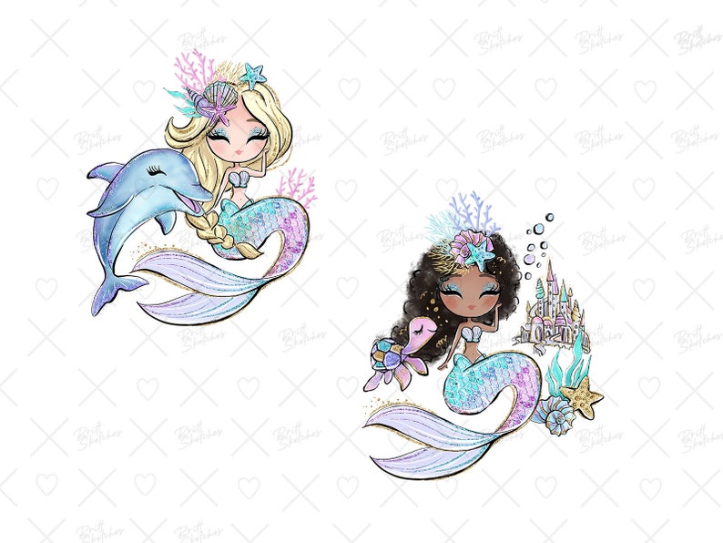 May include: Two mermaid illustrations. One mermaid is blonde with a dolphin and the other is brown with a turtle. Both mermaids have sparkly tails and are wearing crowns.