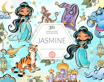 Jasmine Clipart, Arabian Princess PNG, Tiger, Monkey, Castle, Hand Drawn, Cute Glitter Kids Art, Decoration, Watercolor Fabric ,POD