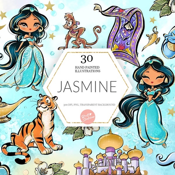 Jasmine Clipart, Arabian Princess PNG, Tiger, Monkey, Castle, Hand Drawn, Cute Glitter Kids Art, Decoration, Watercolor Fabric ,POD