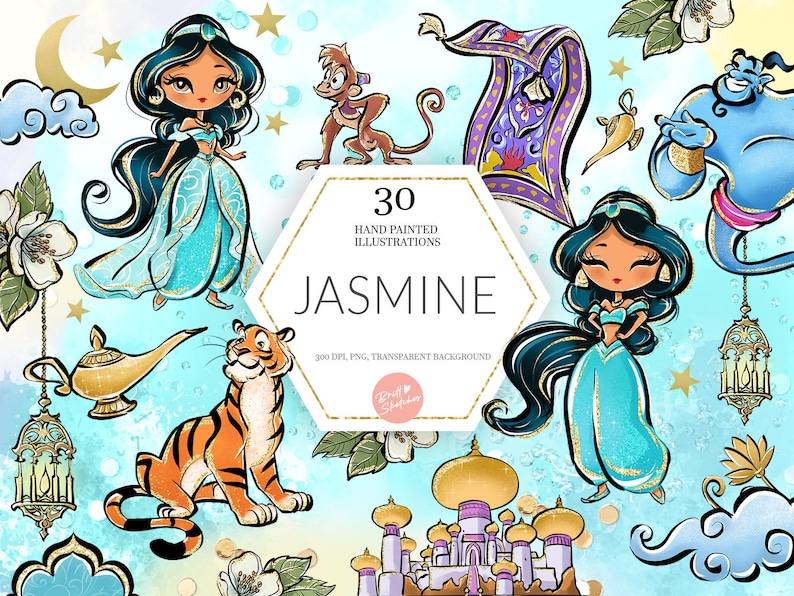 Jasmine Clipart, Arabian Princess PNG, Tiger, Monkey, Castle, Hand Drawn, Cute Glitter Kids Art, Decoration, Watercolor Fabric ,POD image 1