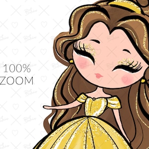 May include: A cartoon illustration of a princess with long brown hair, wearing a yellow dress with gold glitter accents. She has large brown eyes with glitter and a closed-mouth smile.