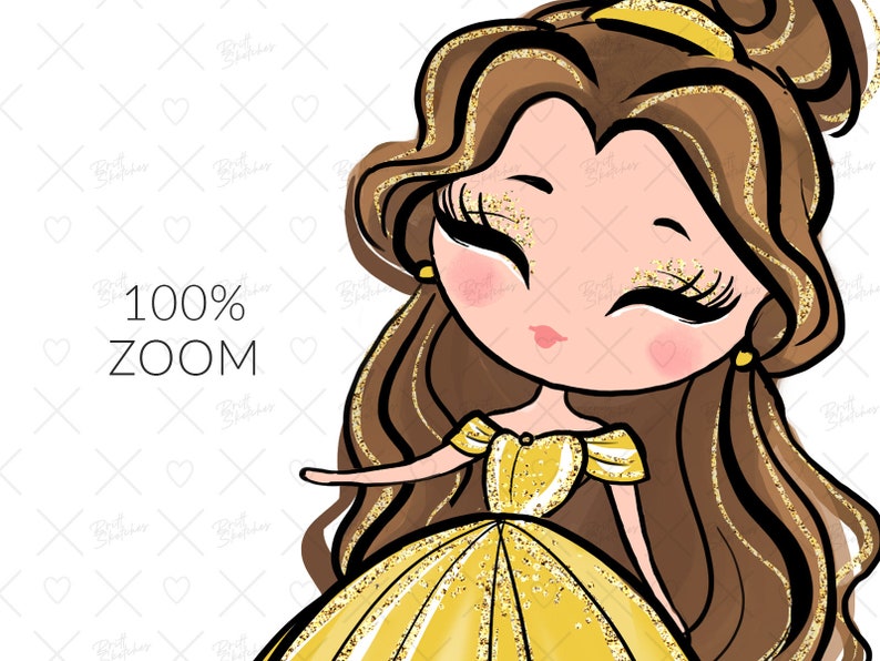 May include: A cartoon illustration of a princess with long brown hair, wearing a yellow dress with gold glitter accents. She has large brown eyes with glitter and a closed-mouth smile.