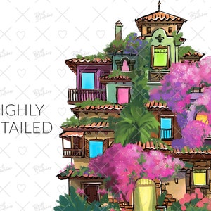 May include: A colorful illustration of a multi-level building with a terracotta roof, surrounded by lush greenery and vibrant pink flowers. The building has multiple windows and balconies, and the flowers are in full bloom.